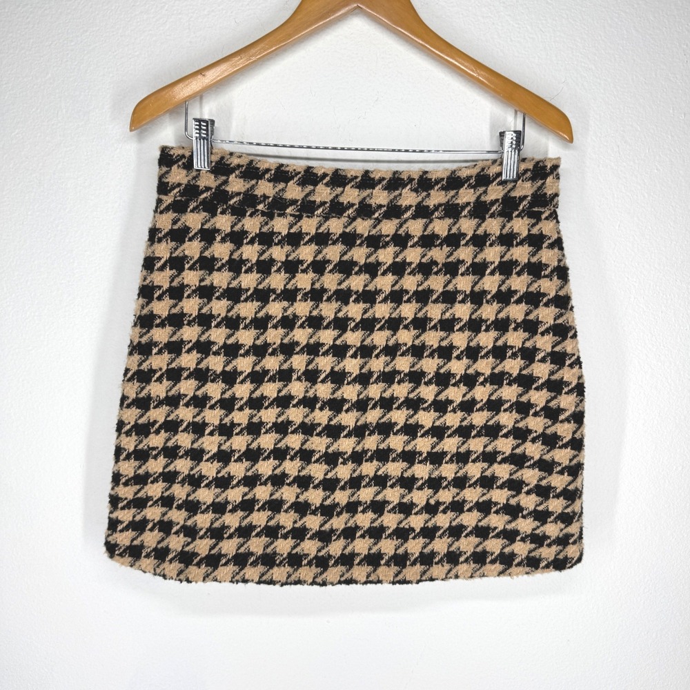 Elodie Tan Houndstooth Wool Mini Skirt NEW Large Twee Collegiate‎ Academia Retro